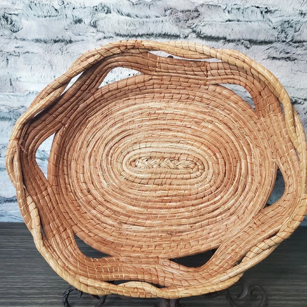 BEAUTIFUL‎ Oaxacan Oval Pine Needle Basket Peek-a-boo 6 Wave Loops